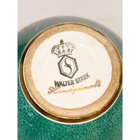 Vintage Walter Stark Hand Painted Green And Gold Vase - Picture 6 of 7